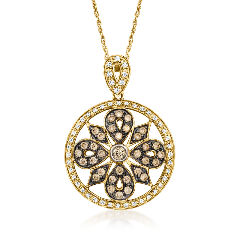 14kt yellow gold diamond flower pendant necklace with brown and white stones