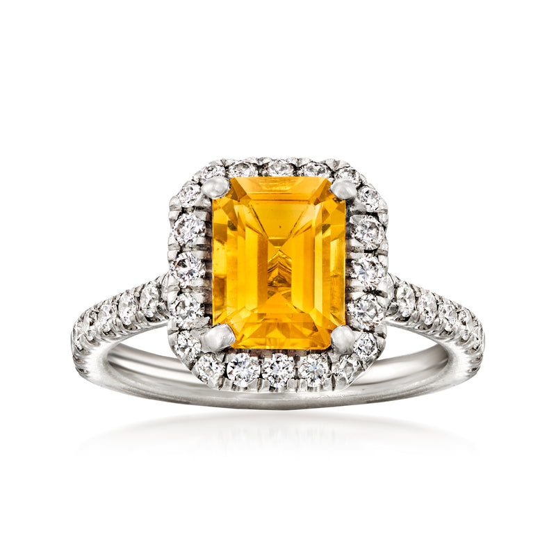 Platinum vintage citrine and diamond ring, oval citrine center with halo of diamonds