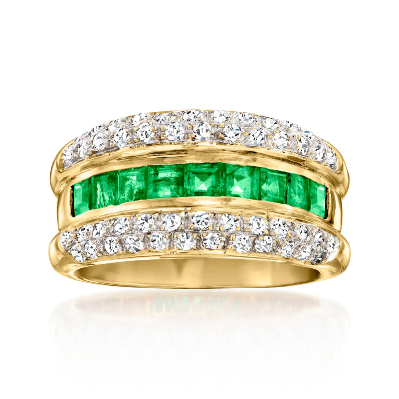 Three-row 18kt yellow gold ring with emerald center row and diamond rows