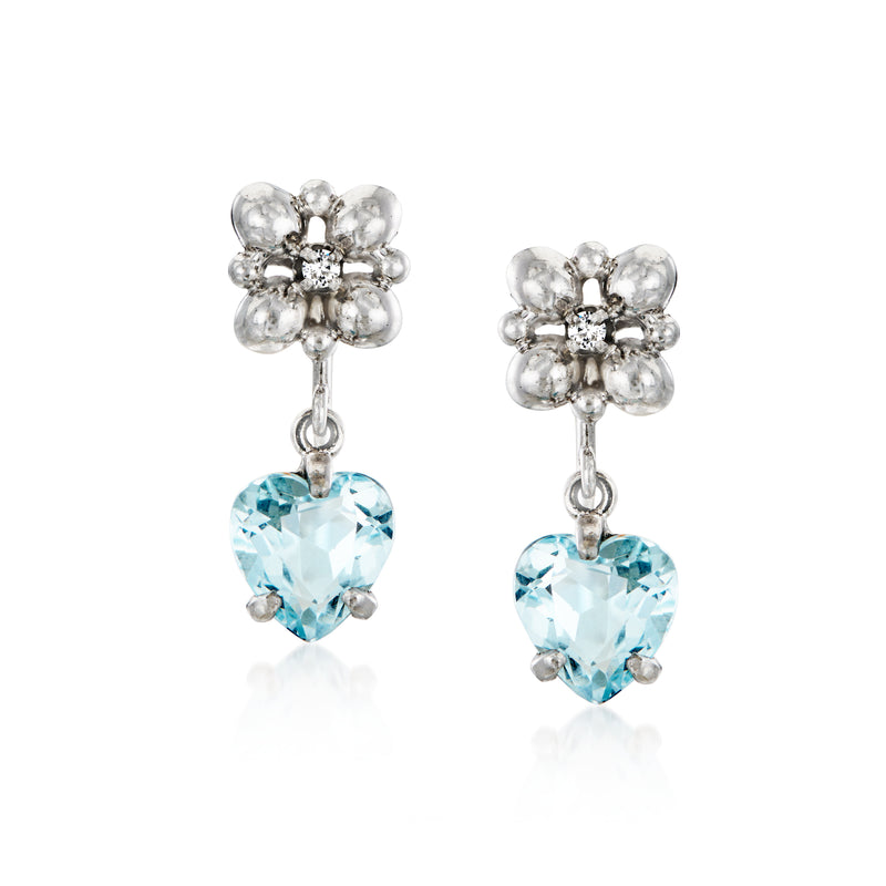 Aquamarine heart drop earrings with diamond clusters in white gold setting