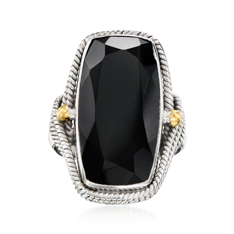 Sterling silver roped-edge ring with black onyx centerpiece and gold accent details