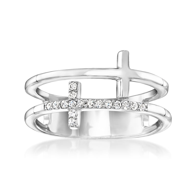 Sterling silver two-row cross ring with diamond accents