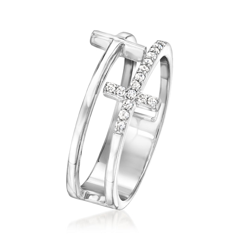 Sterling silver cross diamond two-row ring shown at angle with raised stone band