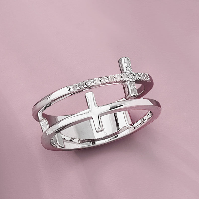Sterling silver two-row cross ring with diamond accents