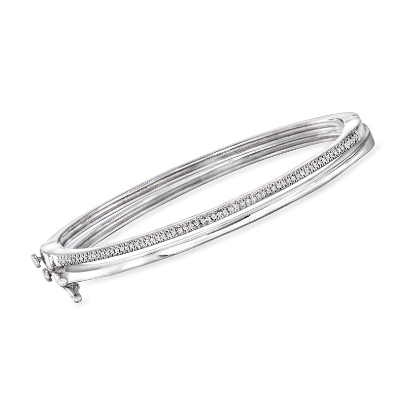 Sterling silver diamond bangle bracelet set with pave center bar on two bangles
