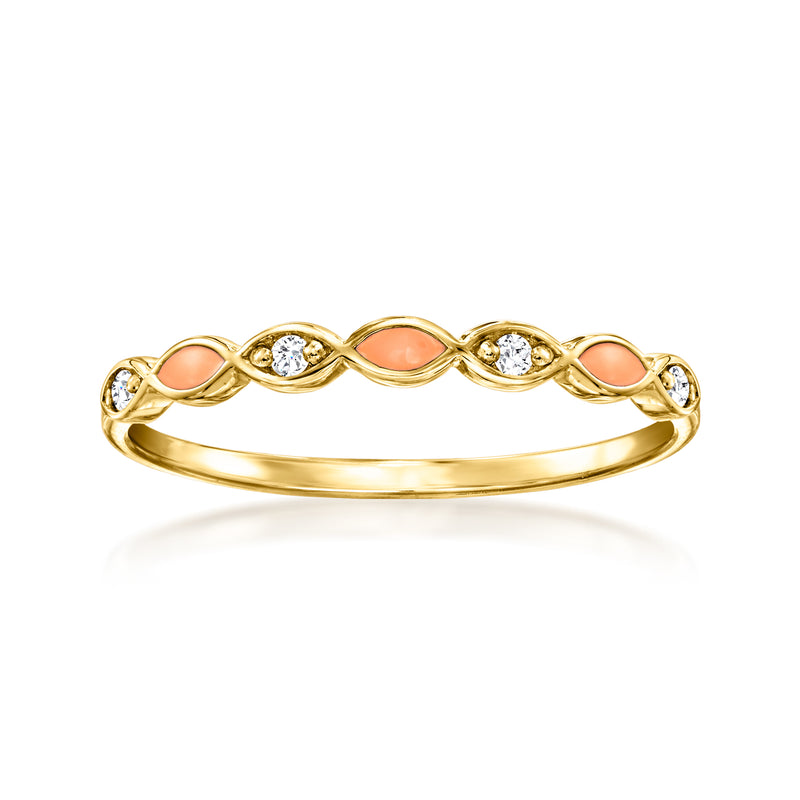 14kt yellow gold ring with orange enamel ovals and small diamond accents
