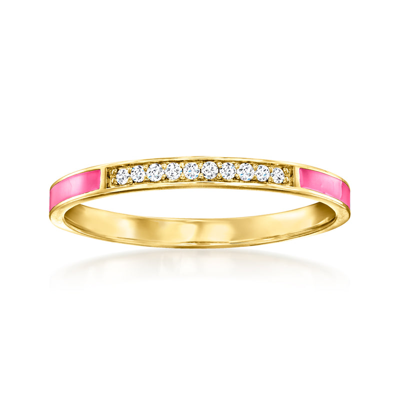 14kt yellow gold ring with pink enamel and row of diamonds
