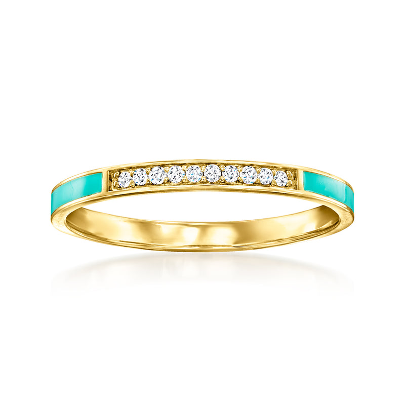 14kt yellow gold ring with turquoise enamel band and row of diamond accents