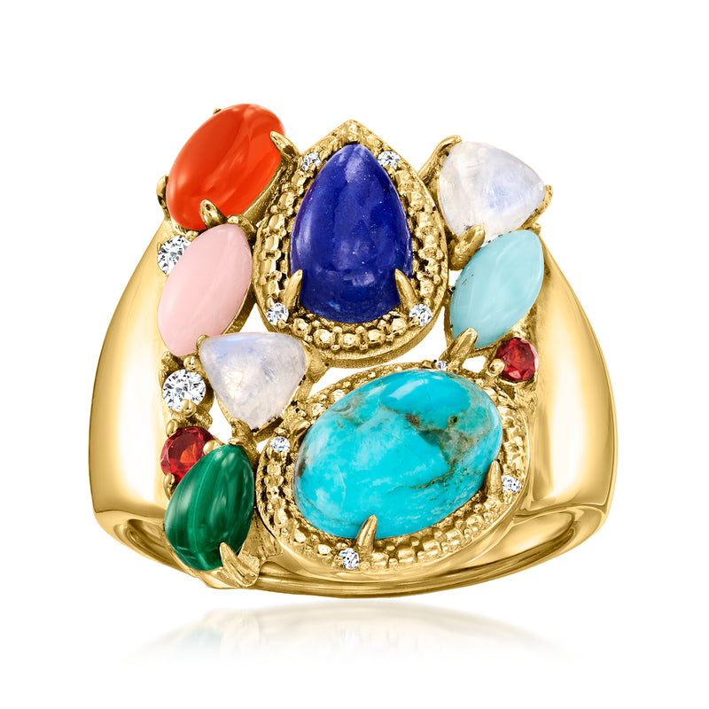 Gold-tone multi-gemstone ring with teardrop red, pink, blue, white, turquoise, and green stones.