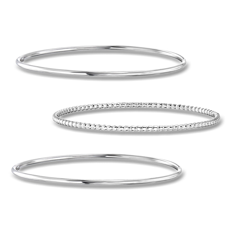 Polished sterling silver bangle bracelets set, with two beaded bangles
