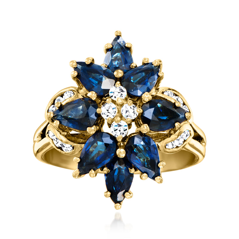 18kt yellow gold sapphire and diamond cluster ring with blue stones and white accents