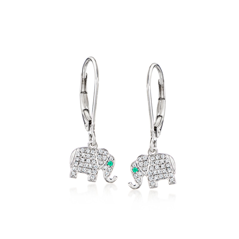 Sterling silver elephant drop earrings with sparkling stones and green accent emeralds