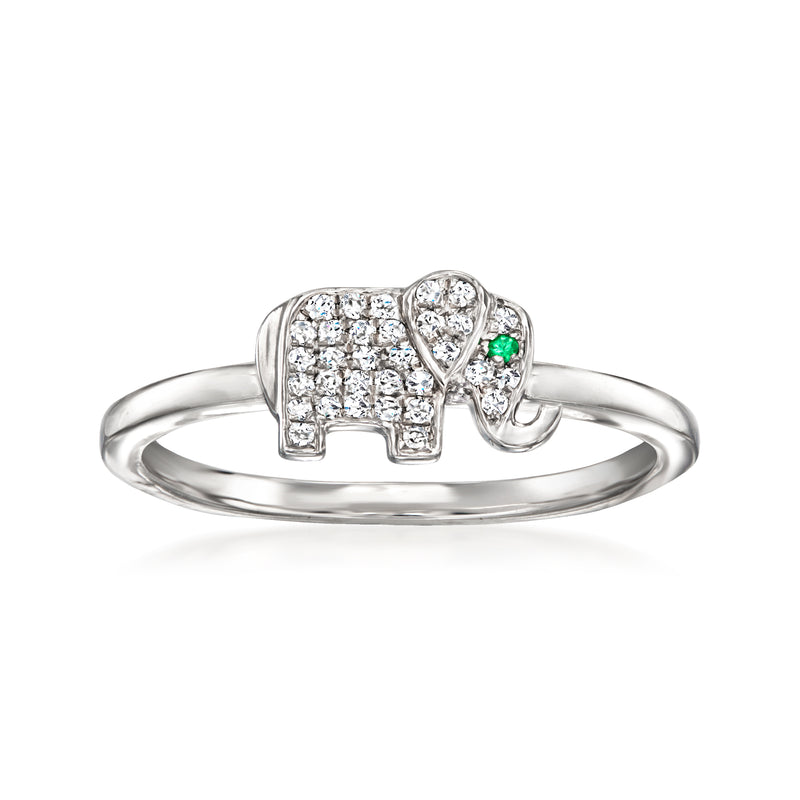 Sterling silver elephant ring with clear stones and a single green emerald accent