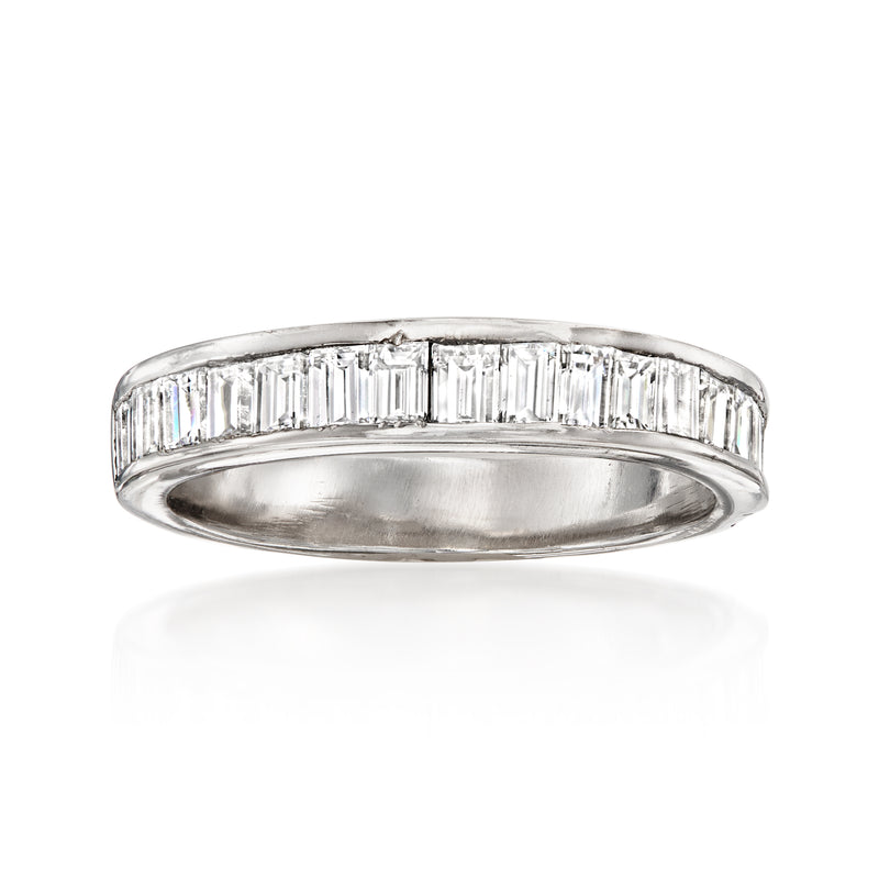 Platinum band ring with baguette-cut diamond rows across the top