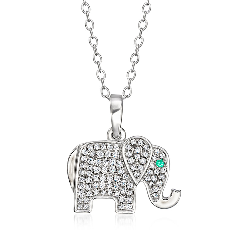 Sterling silver elephant pendant necklace with diamond pave and emerald eye