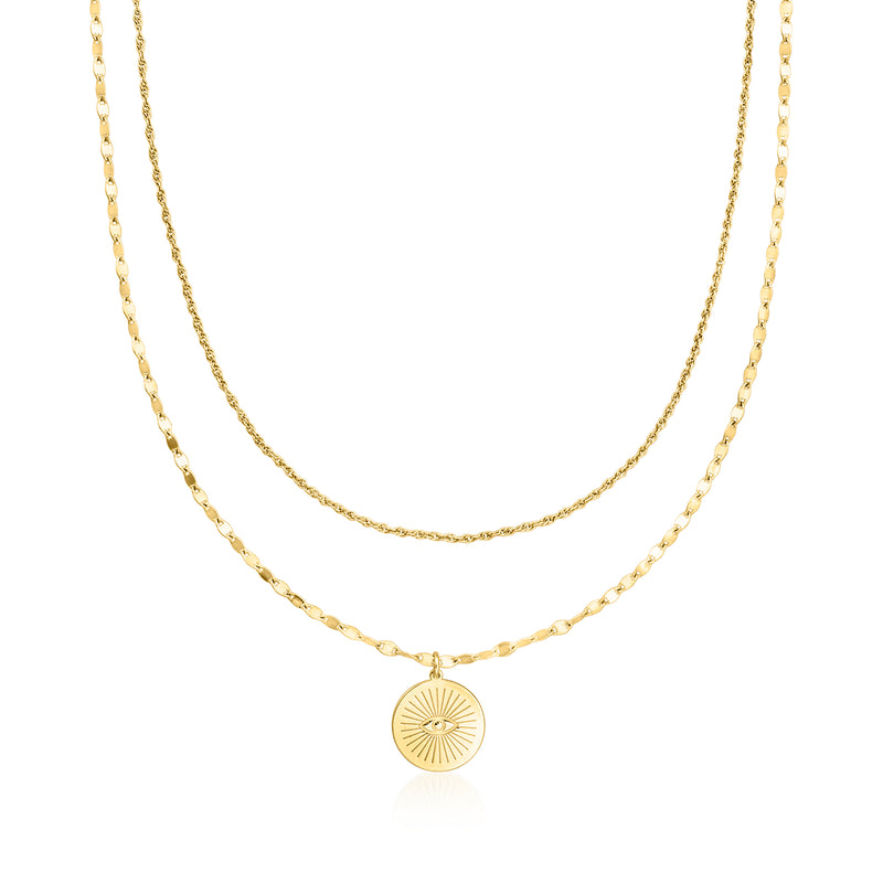 Gold layered necklace with two chains and round evil-eye disc pendant