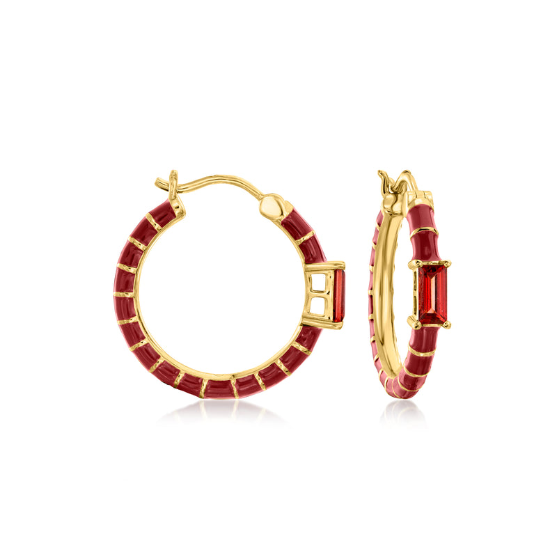 Gold hoop earrings with red enamel segments and clasp, 18k gold over sterling