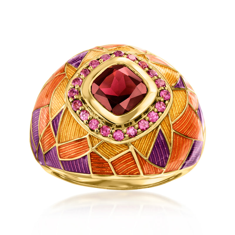 Gold ring with square amethyst-red center stone and purple/orange enamel with pink accents