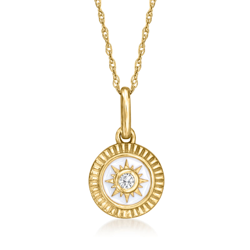 14kt yellow gold sun pendant necklace with white enamel center and diamond-accent