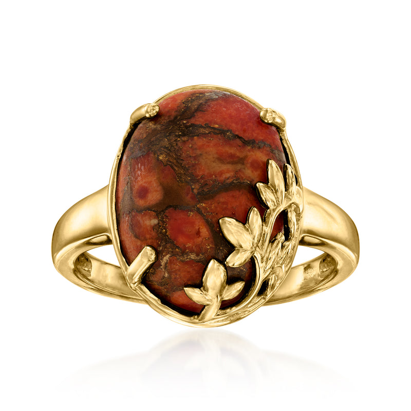 18kt gold over sterling ring with orange-red oval cabochon and leaf settings