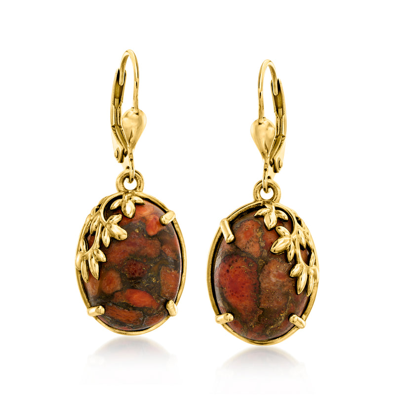 Gold leverback drop earrings with oval orange-green stone and ornate gold frame