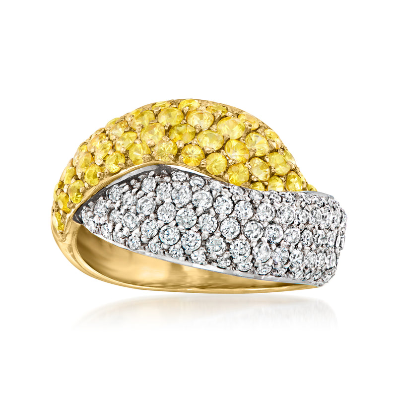 Two-tone gold crisscross ring with yellow sapphires and diamonds