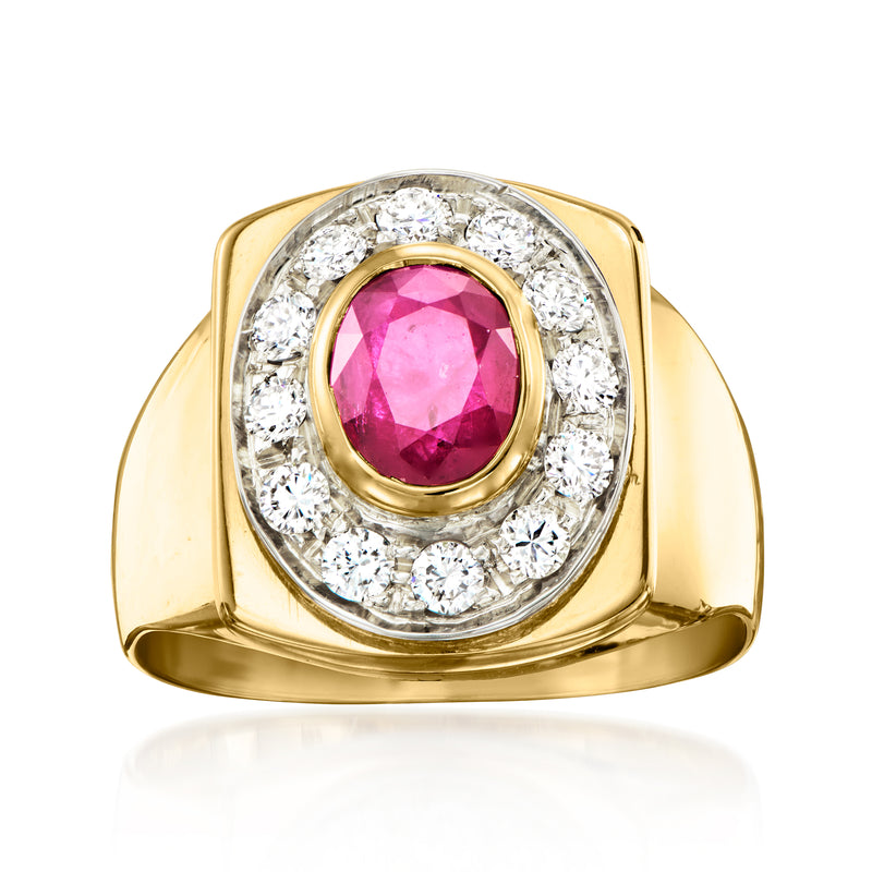 18kt yellow gold ring with pink oval ruby center and round diamond halo