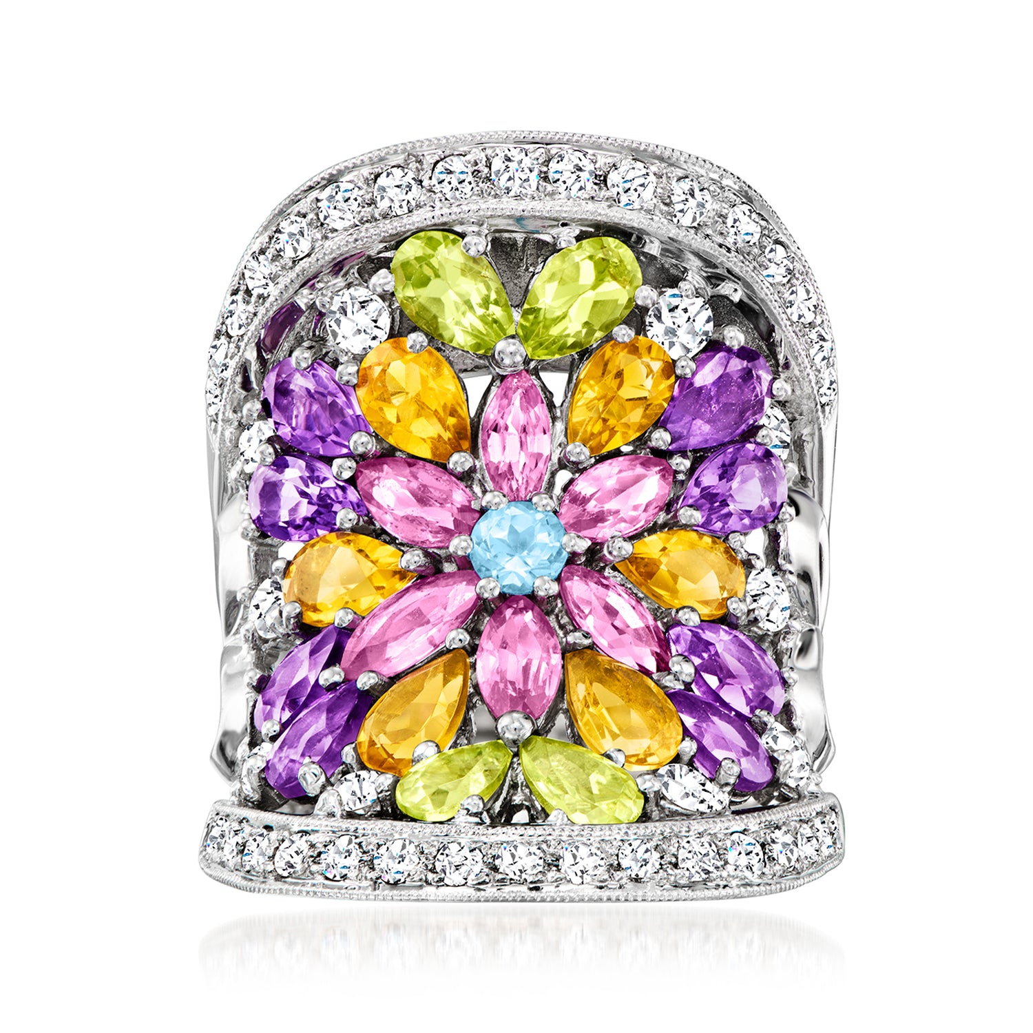 C. 1990 Vintage 4.84 ct. t.w. Multi-Gemstone and .94 ct. t.w. Diamond Floral Cocktail Ring in 18kt White Gold
