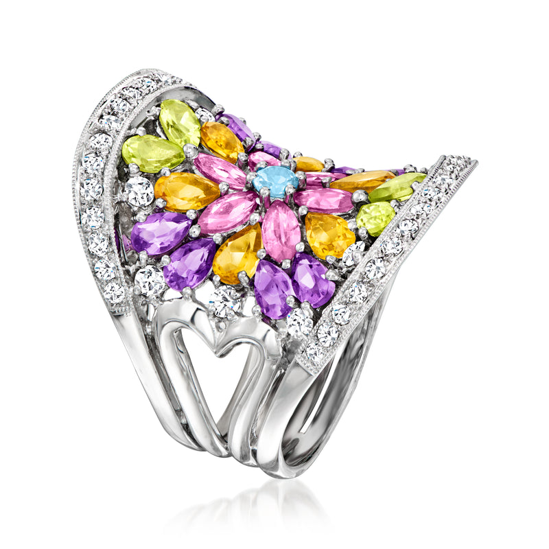 White gold floral cocktail ring with multicolor gemstones and diamond pave, side view
