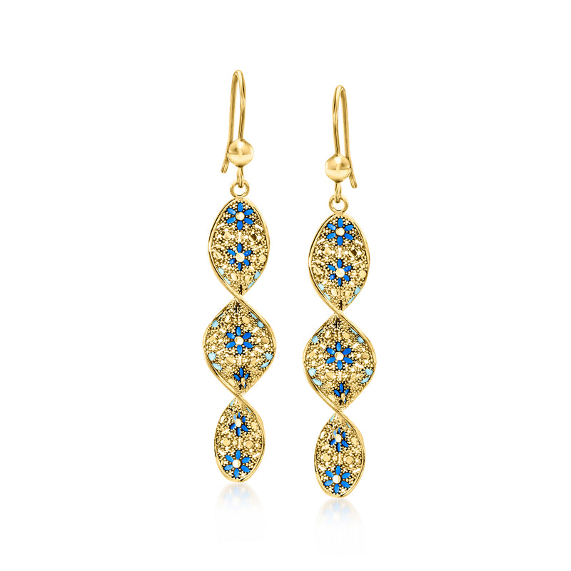 Gold drop earrings with three blue enamel oval floral motifs on earwire hooks