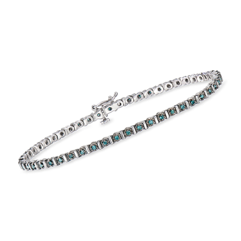 Sterling silver tennis bracelet with round blue stones and side clasp