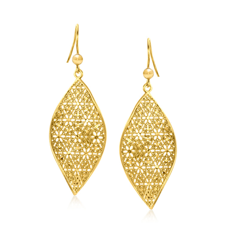 Gold-tone teardrop floral drop earrings with textured finish and French hook earwire