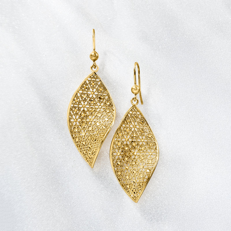 Gold-tone teardrop floral drop earrings with textured lattice pattern and French hook earwire