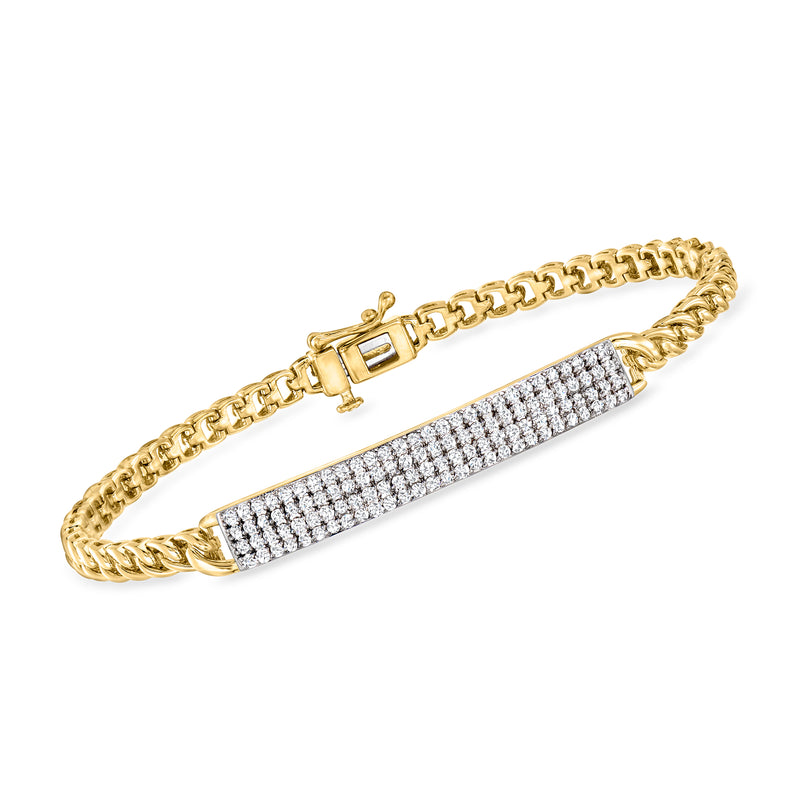 Yellow gold ID bar bracelet with pavé diamond center and chain links