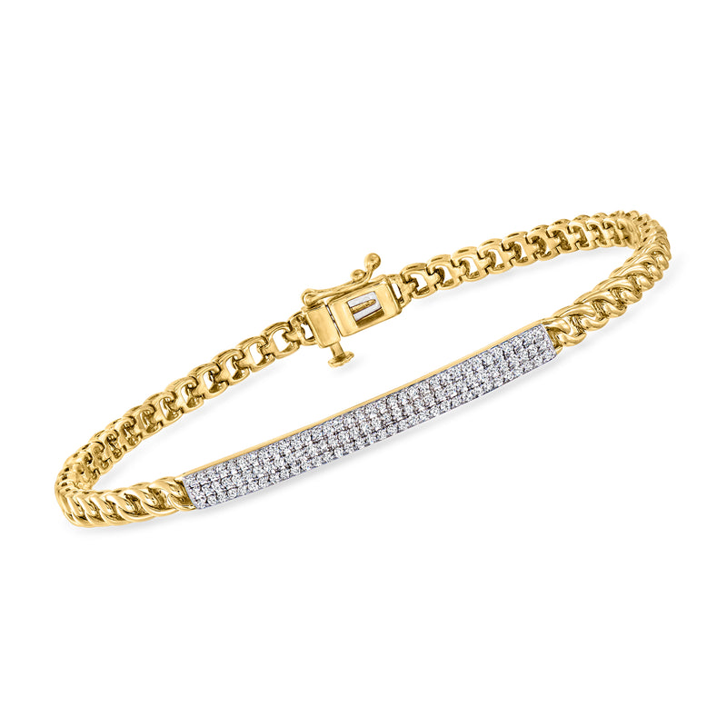 14kt yellow gold pave diamond ID bar bracelet with curb chain links