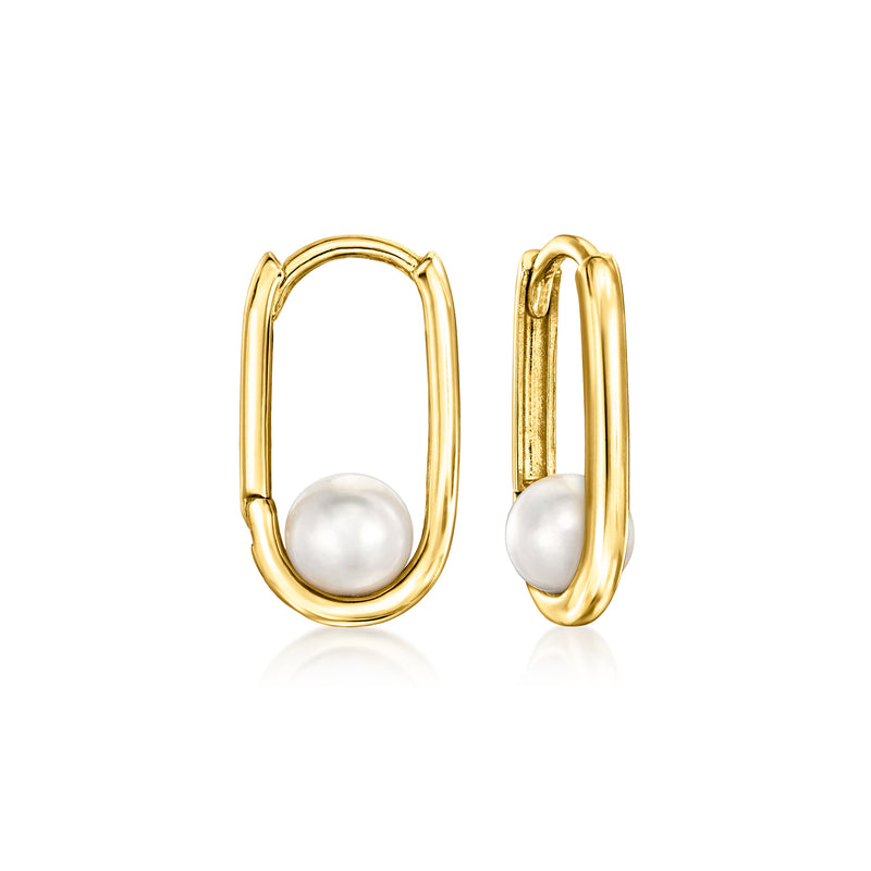 14kt yellow gold hoop earrings with cultured pearl in teardrop link frame