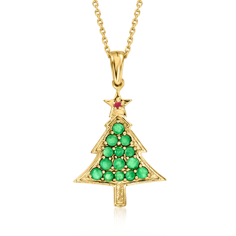 Gold-tone pendant necklace with green gemstone Christmas tree and star accents