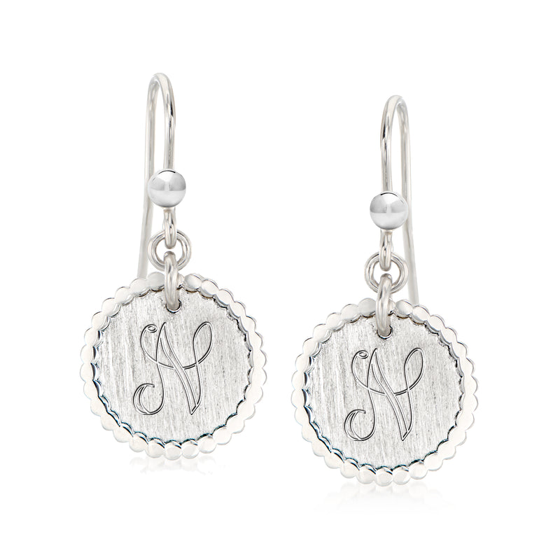 Sterling silver personalized round disc drop earrings with initial and scalloped edges