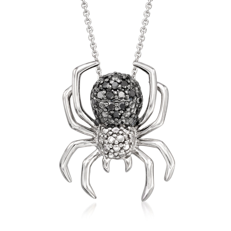 Sterling silver spider pendant necklace with black diamond accents
