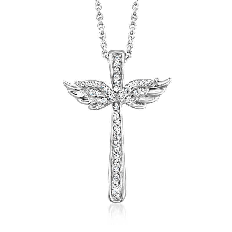 Sterling silver diamond winged cross pendant necklace