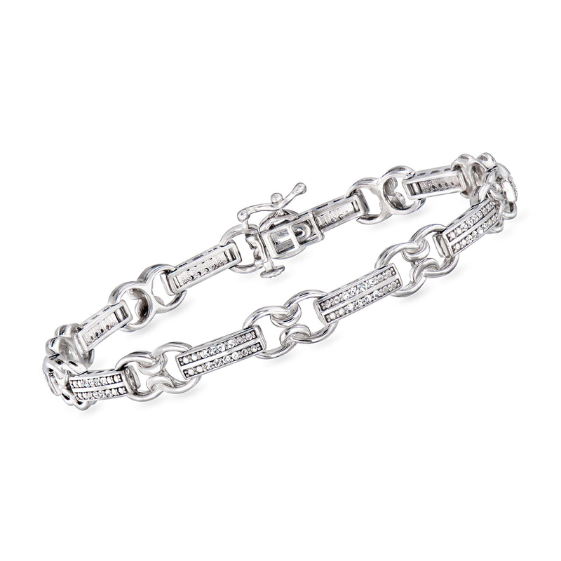 Sterling silver diamond bar-link bracelet with rectangular pave links and clasp