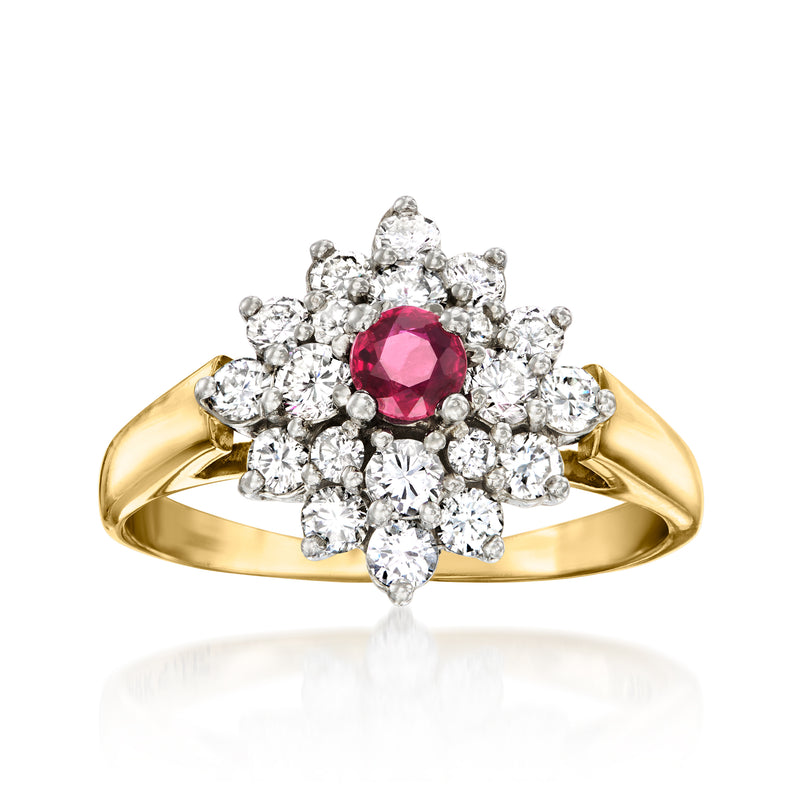 18k yellow gold ruby and diamond cluster ring, round red center with diamond halo