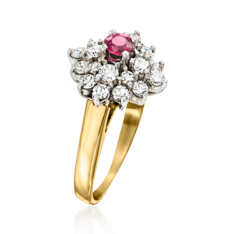 Yellow gold ruby and diamond cluster ring, round pink center framed by diamonds