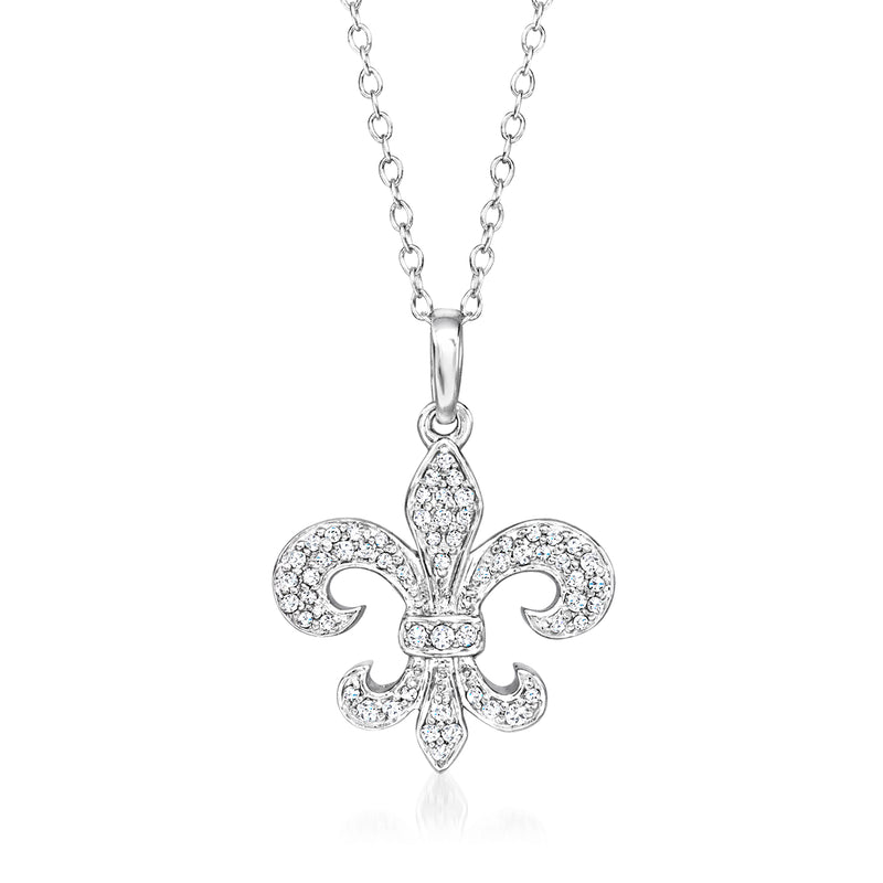 Sterling silver fleur-de-lis pendant necklace with diamond accents and chain