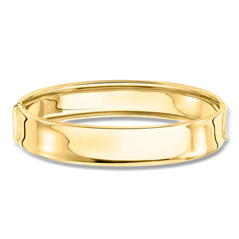 Polished 14kt yellow gold hinged bangle bracelet with smooth wide cuff