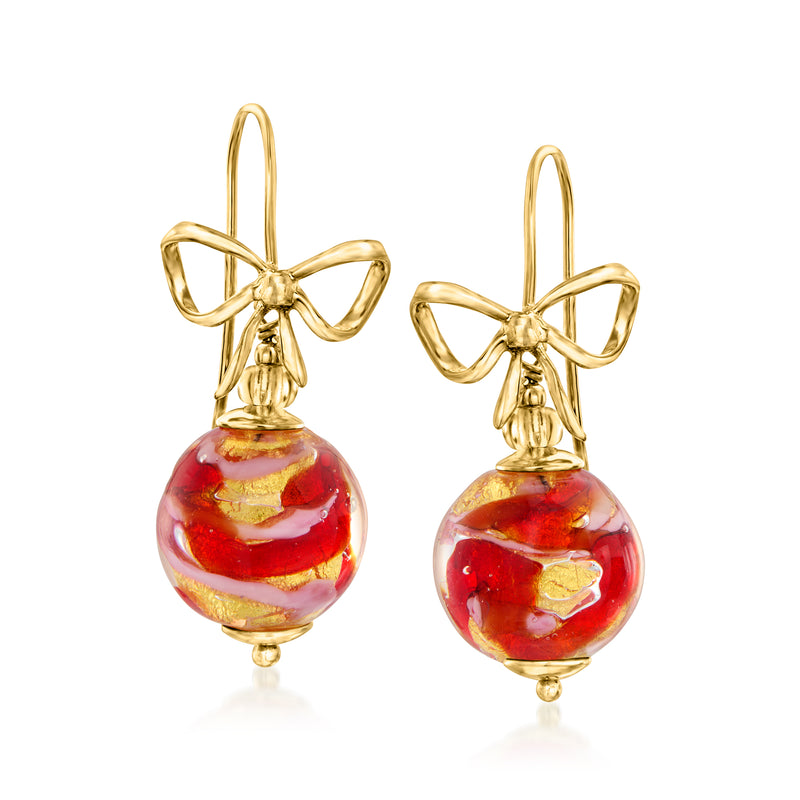 Gold-tone bow drop earrings with red and gold swirled Murano glass bead, earwire