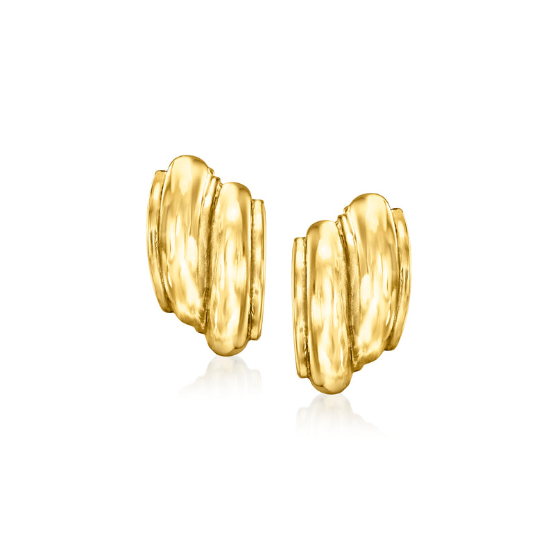 Curved ribbed gold-tone post earrings, round hoop with scalloped texture