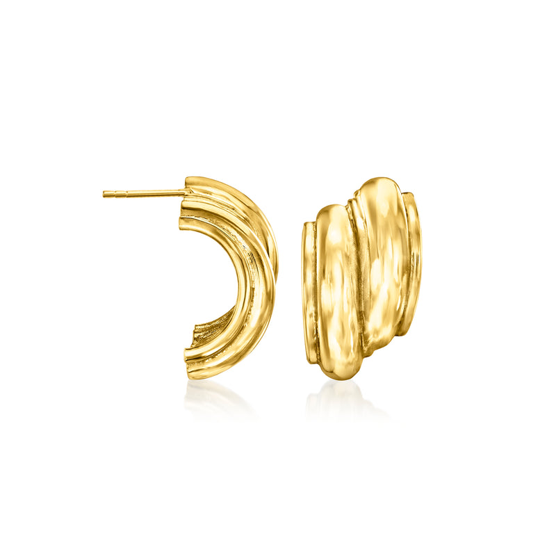 Curved ribbed gold-tone post earrings with visible straight post backing