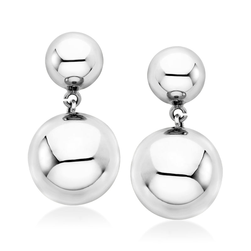 Italian sterling silver double-bead drop earrings with two shiny ball drops