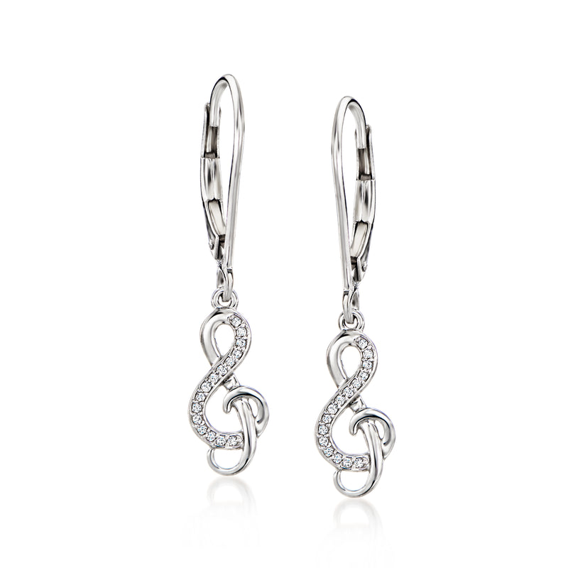 Sterling silver treble clef drop earrings with pave diamond accents, leverback closures
